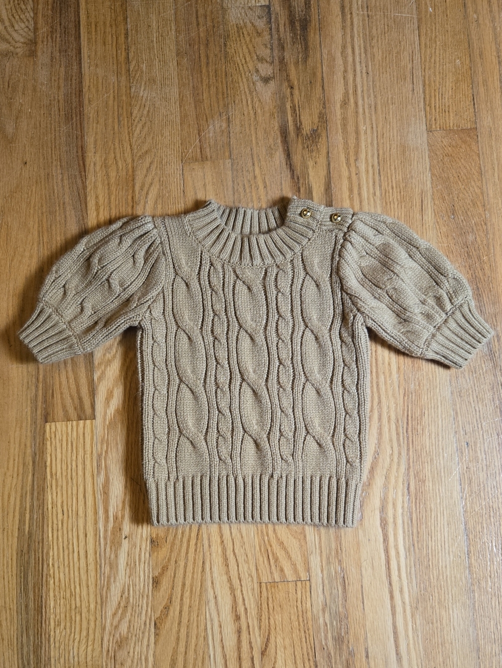 Janie And Jack tan short puff sleeve button detail cable knit sweater